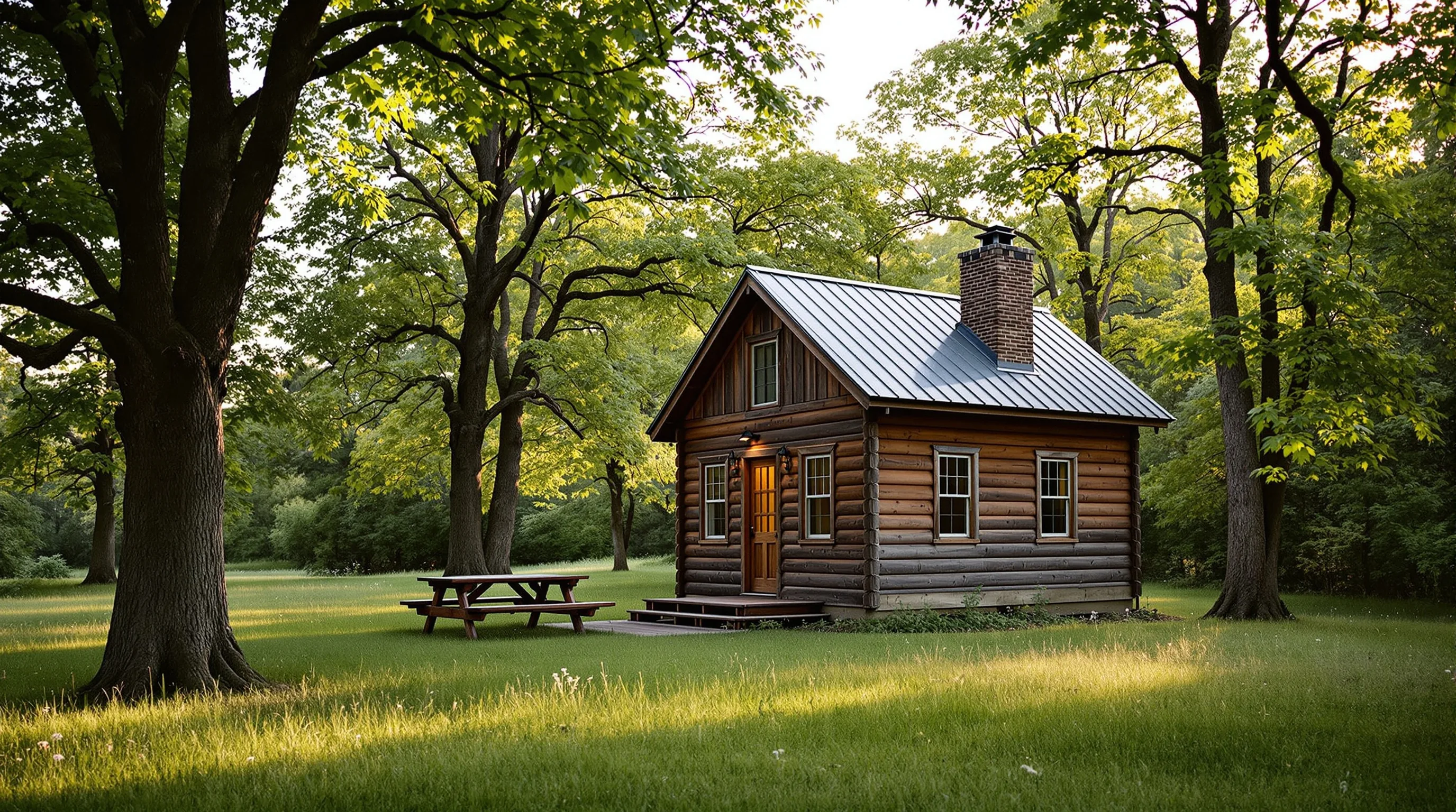 Phase 1: small handcrafted cabin in a Missouri oak clearing, golden hour light.