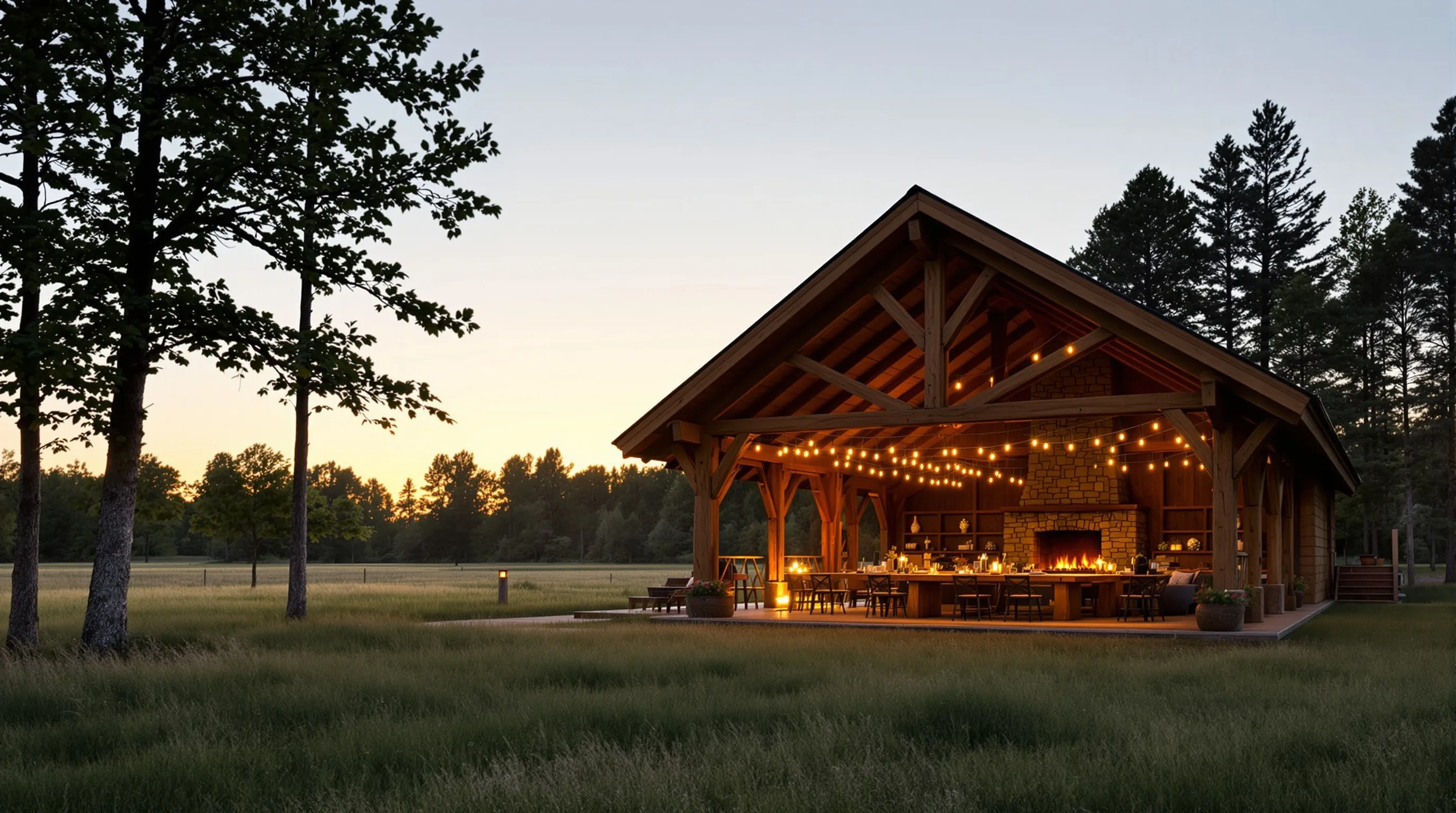 Phase 2 vision: open-sided timber pavilion with stone fireplace, communal gathering space at dusk.